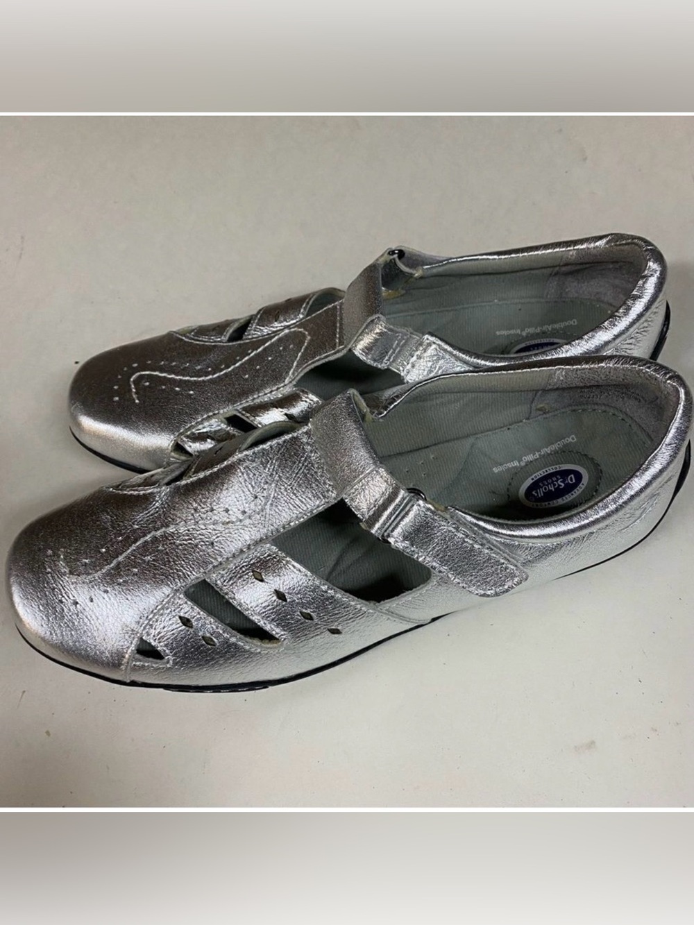 Dr Scholl’s Silver Metallic Leather Mary Jane Flats Womens 10 Comfort Air Pillow